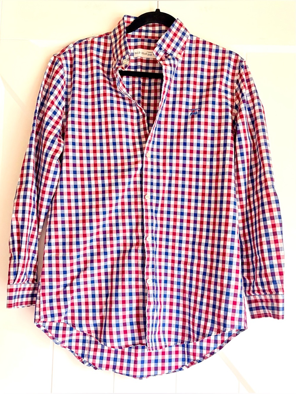 Men's Red White Blue Button Down Shirt Bald Head Blues S